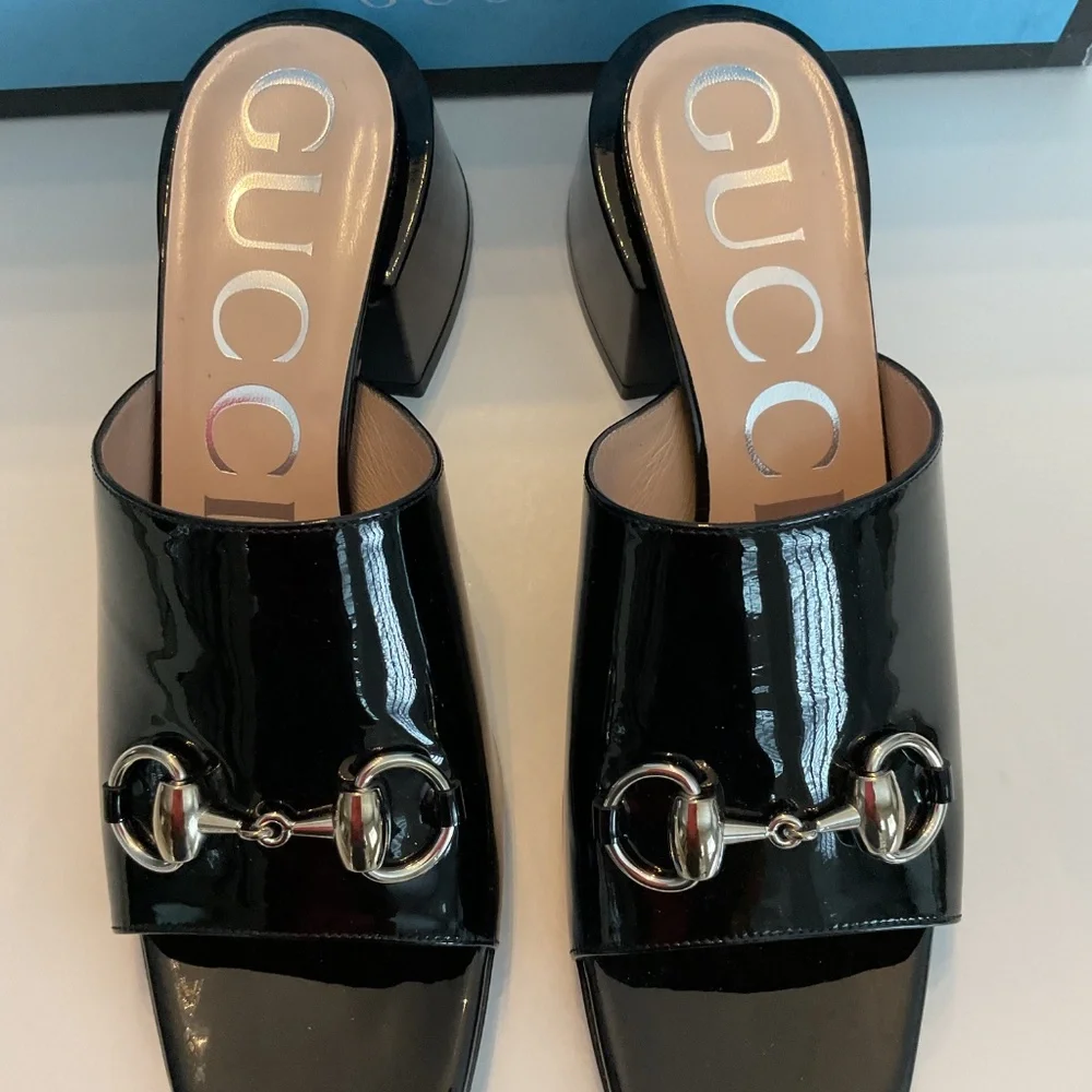 GUCCI Horsebit Accent Patent Leather Mules Slides 543188 - Picture 11 of 11